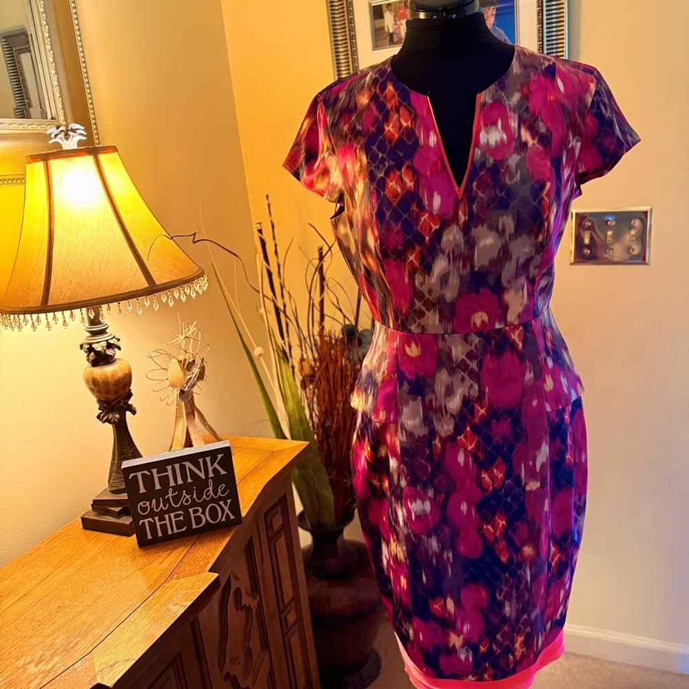 Tahari Floral Abstract Pink & Purple Cap-Sleeve Dress